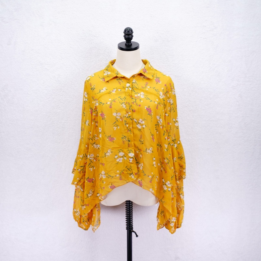 Charlotte Russe -XL- Yellow Floral Draped Button Up Top Collared Sheer Polyester